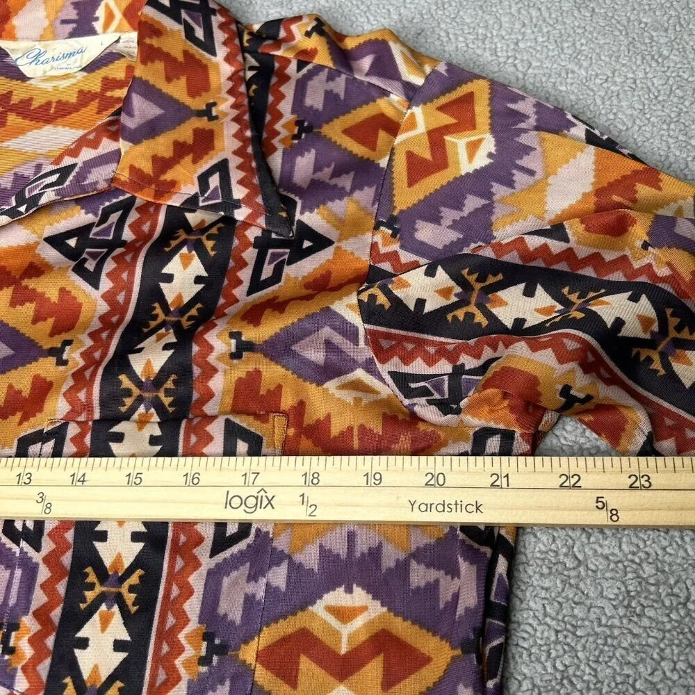 Vintage 70s Charisma Shirt Mens Large 16.5 Aztec Disco Lightweight Button Up